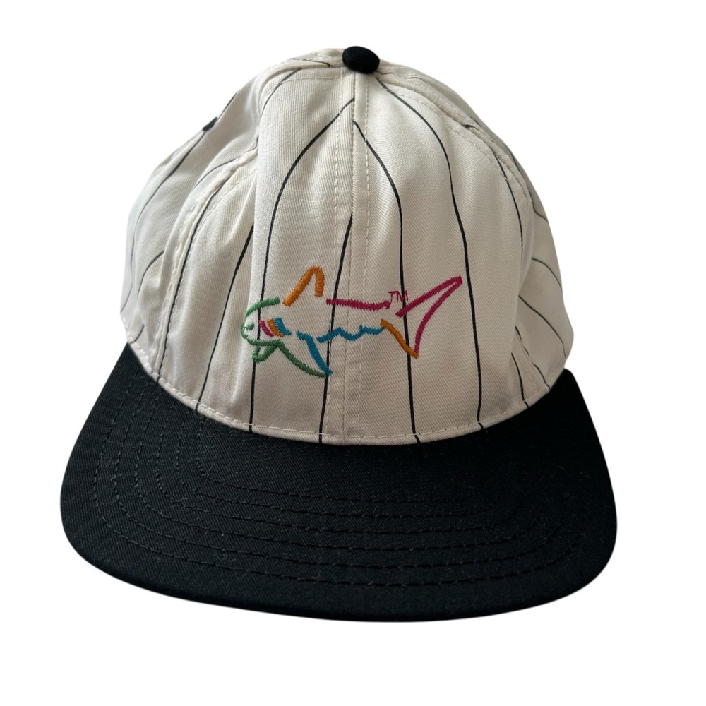 Vintage Greg Norman Pinstriped Shark Logo Golf Hat Cap